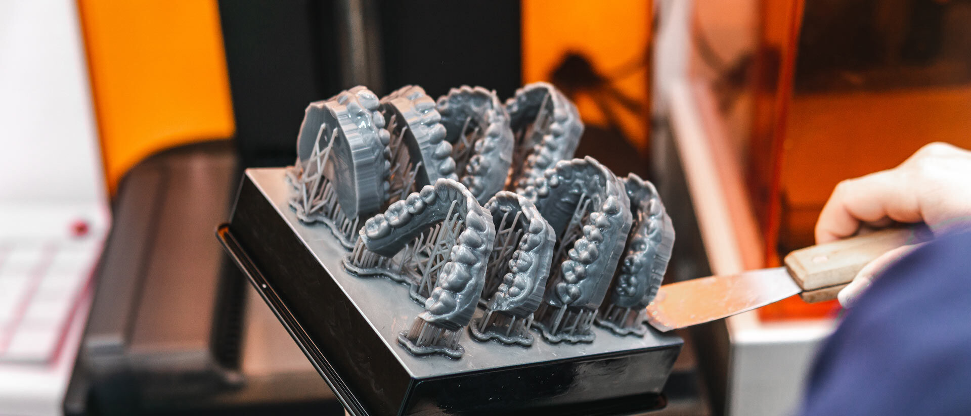 3D-gedruckte Kiefermodelle auf der Bauplattform eines Dentaldruckers